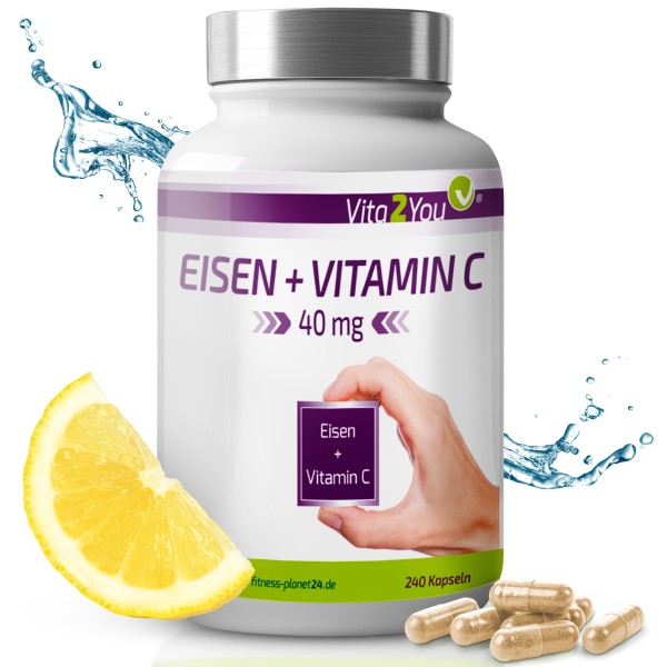 Vita2You Eisen + Vitamin C 40mg - 240 Kapseln - Eisenbisglycinat - Acerola Extrakt- Premium Qualität